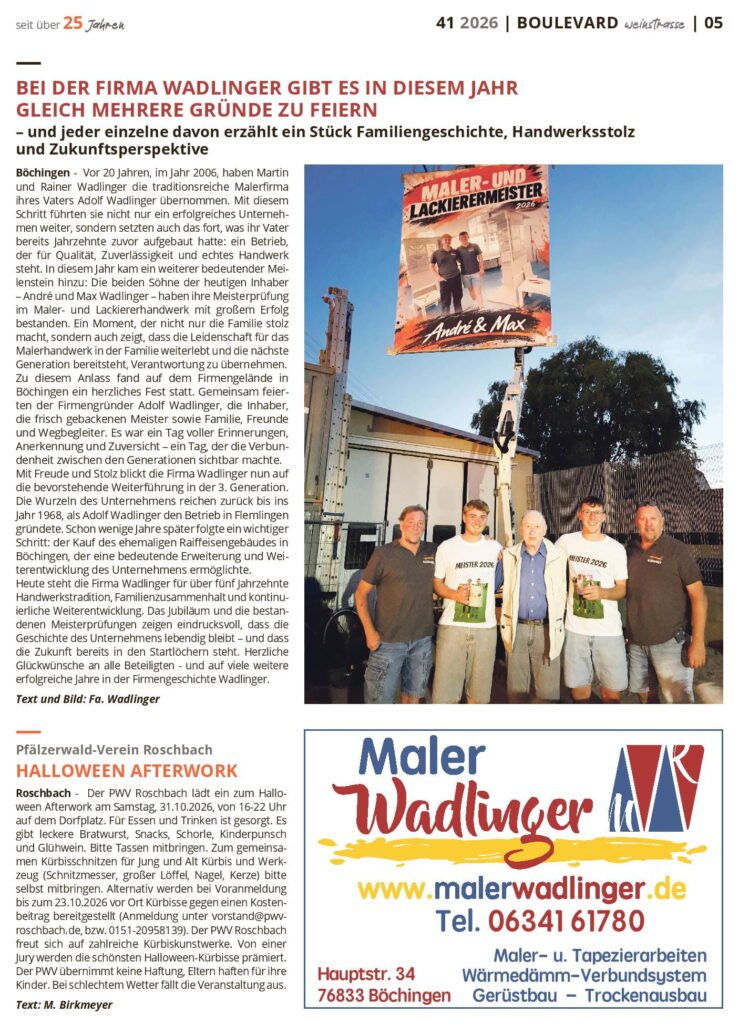 Zeitungsartikel Boulevard Edenkoben - Maler Wadlinger feiert Meisterprüfung von André und Max Wadlinger